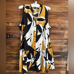 Nine West Black Yellow White Abstract Sleeveless Midi Dress